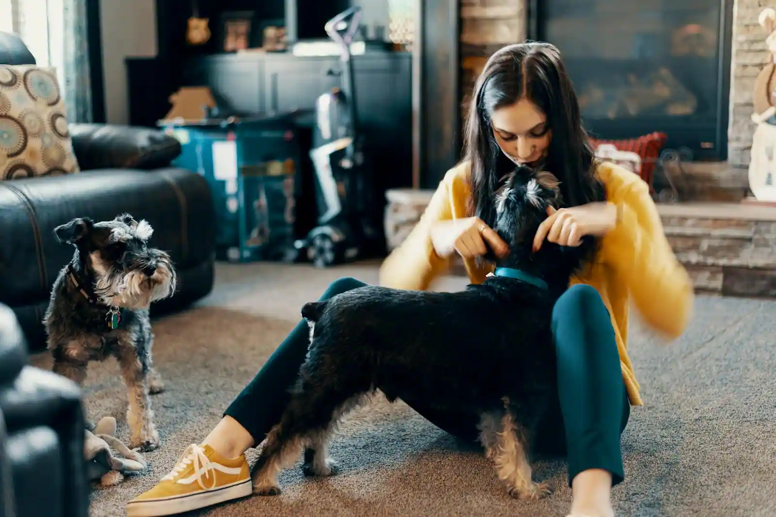 Jeune femme assise au sol de son salon, jouant tendrement avec ses deux chiens.