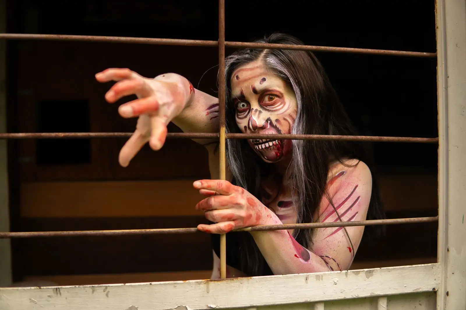 Femme maquillée en zombie, teint verdâtre et orbites cernées de sombre, derrière les barreaux d'une fenêtre