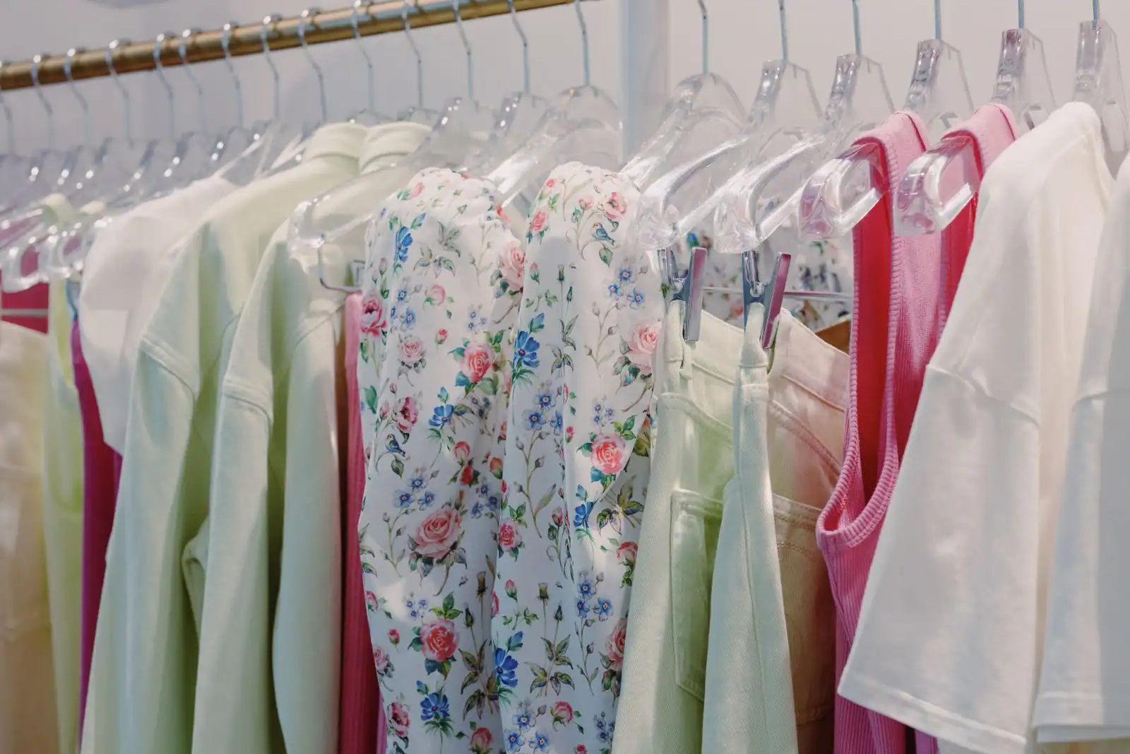 Portant de vêtements de printemps aux teintes pastel, vert amande, rose et blanc, suspendus en boutique